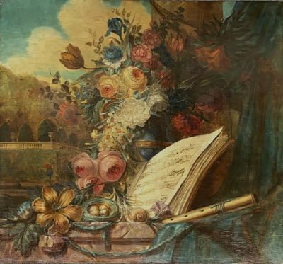 Anonyme, vers 1880 Nature morte à la flûte, à la partition, …