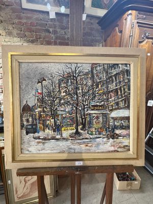 an oil painting of a city street scene in a shop