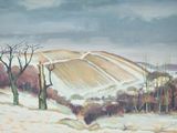 peinture représentant un paysage enneigé avec des arbres et une colline au loin