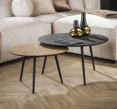 Lot de 2 tables basses rondes en bois et métal gris et bronz…