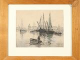 a drawing of a man in a boat on the water