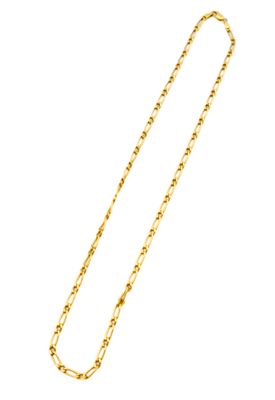 a gold chain necklace with a link on a white background