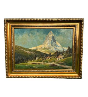 une peinture à l'huile représentant une montagne avec une maison au premier plan
