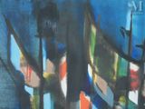 a painting of a clock tower with flags on it