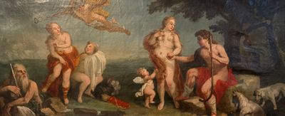un tableau représentant un groupe de personnes et d'animaux dans un champ