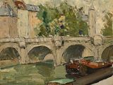 an oil painting of a bridge over a river with boats on it