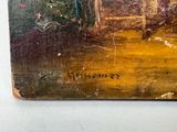 an old painting of a man sitting on a bench in a park