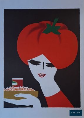 tableau représentant une femme tenant un sandwich garni d'une tomate
