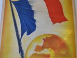 poster of a french flag flying in the wind with the sun in the background