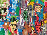 peinture représentant un grand groupe de personnages de dessins animés, peinte sur un mur