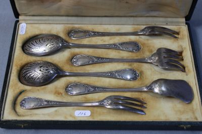 six silver spoons in a box with a spoon and fork