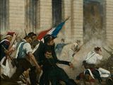 a painting of a painting of a group of people in front of a building