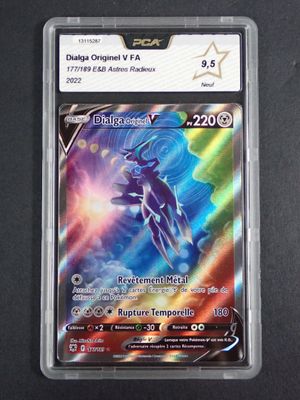 a close up of a card in a plastic holder on a table