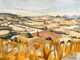 an image of a painting of a landscape with a river in the foreground