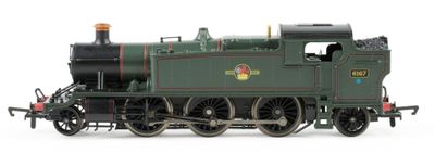 a green train that is on the tracks on a white background