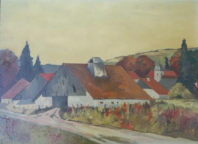 un tableau représentant une scène de campagne avec un cheval au premier plan