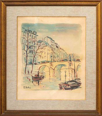an image of a painting of boats on a river with buildings in the background