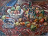une peinture représentant une coupe de fruits sur une table