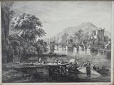 painting of a view of a river with a bridge in the background