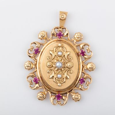 Pendentif porte-photo motif floral, demi-perles et pierres r… - Photo 1