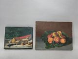 deux tableaux représentant des fruits et un couteau posés sur une table