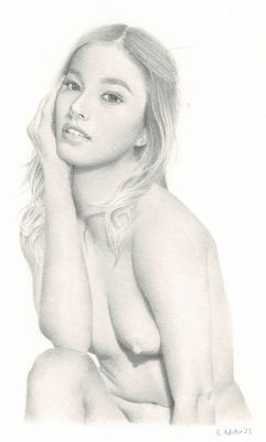 dessin au crayon représentant une femme nue assise par terre, la main posée sur le visage