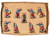 many figurines of people in different outfits in a cardboard box
