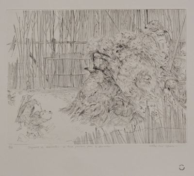 dessin représentant un mouton et un chien, réalisé à la plume et à l'encre