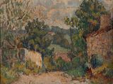 an image of a painting of a country road with a house in the background