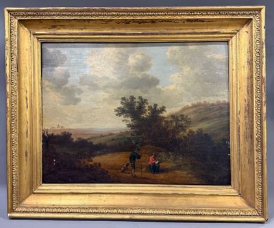 an oil painting of a man and a woman with a dog in a landscape