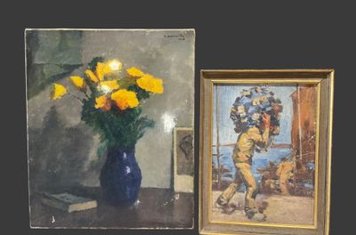 a painting of a man holding a bouquet of flowers next to a picture of a man