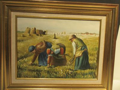 a painting of a group of people working in a field