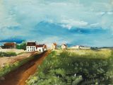 une peinture à l'huile représentant un chemin de terre menant à une maison blanche