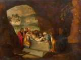 an oil painting of a group of people in a cave with a man laying on the ground