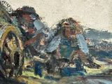 a painting of a man and a woman riding a horse drawn carriage