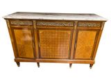 a sideboard with a marble top and wooden doors