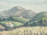 painting of a field with a house in the distance and mountains in the background