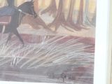 a painting of a man riding a horse in the woods