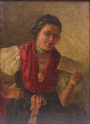 un vieux tableau représentant une femme assise sur un canapé, avec un foulard rouge