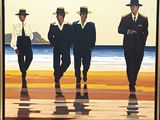 three men in suits and hats walking on the beach
