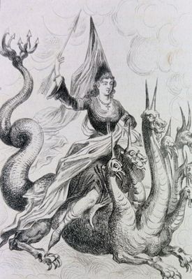 un vieux dessin représentant une femme chevauchant un dragon et brandissant un drapeau