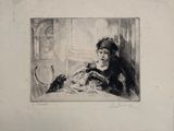 dessin représentant une femme en manteau de fourrure, assise sur une chaise
