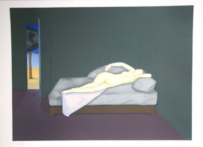 a painting of a woman laying on a bed in a room
