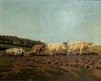 un tableau représentant un homme labourant un champ avec des bœufs