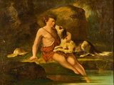 tableau représentant un homme et un chien assis sur un rocher au bord d'une rivière