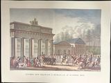 an old picture of a group of people riding horses in front of a building