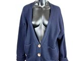 the mannequin is wearing a blue cardigan sweater and jeans