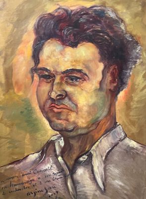 painting of a man in a white shirt with a quote on it