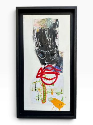 painting of a black cat with a red hat and a yellow umbrella
