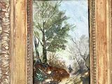 a picture of a painting of a deer in a wooded area
